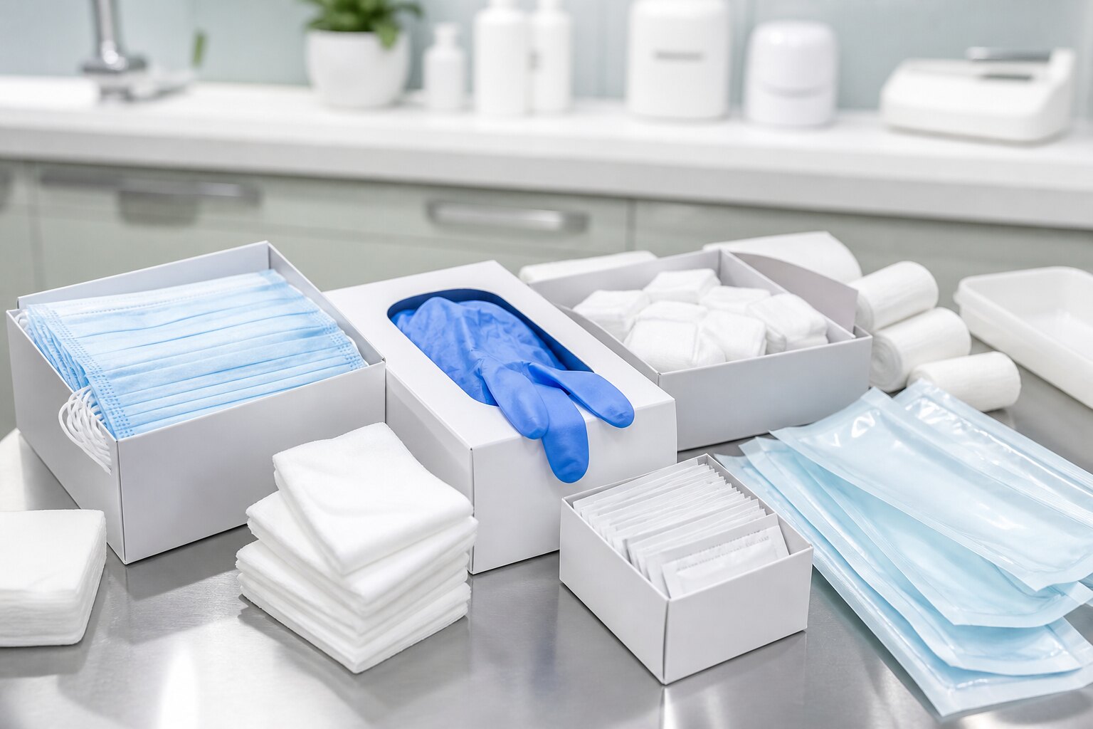 Clinic supplies on a stainless table